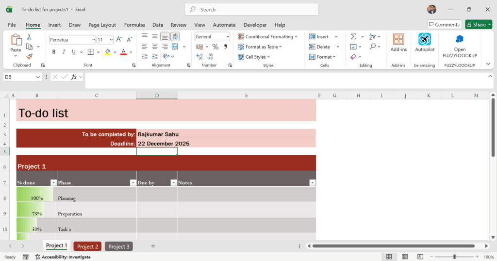 Daily planner excel template example with checklist for freelancers