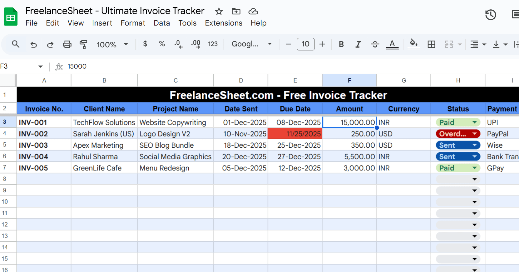 invoice tracker excel template interface showing overdue alerts
