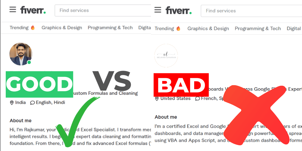 Fiverr Profile Picture Comparison - Good vs Bad Example Good vs Bad Fiverr profile picture comparison showing a professional headshot versus a logo to avoid common profile mistakes.