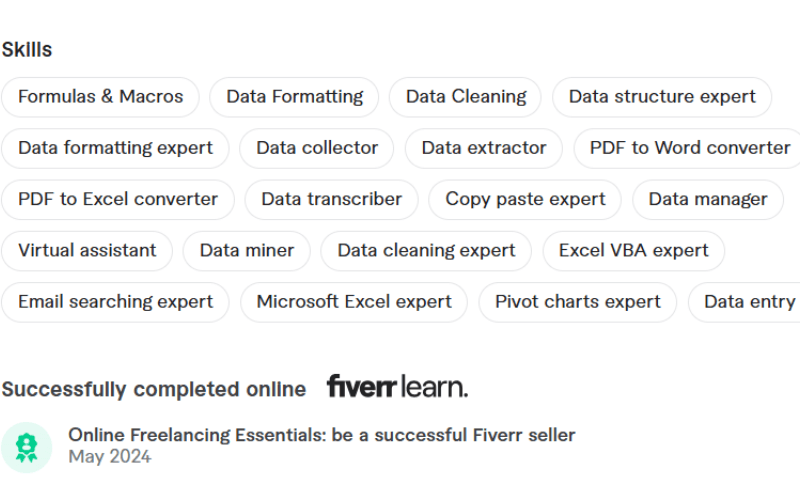 Fiverr Profile Skills and Verified Badges Example Fiverr profile screenshot showing verified skills and "Successfully completed online" badges to build client trust.