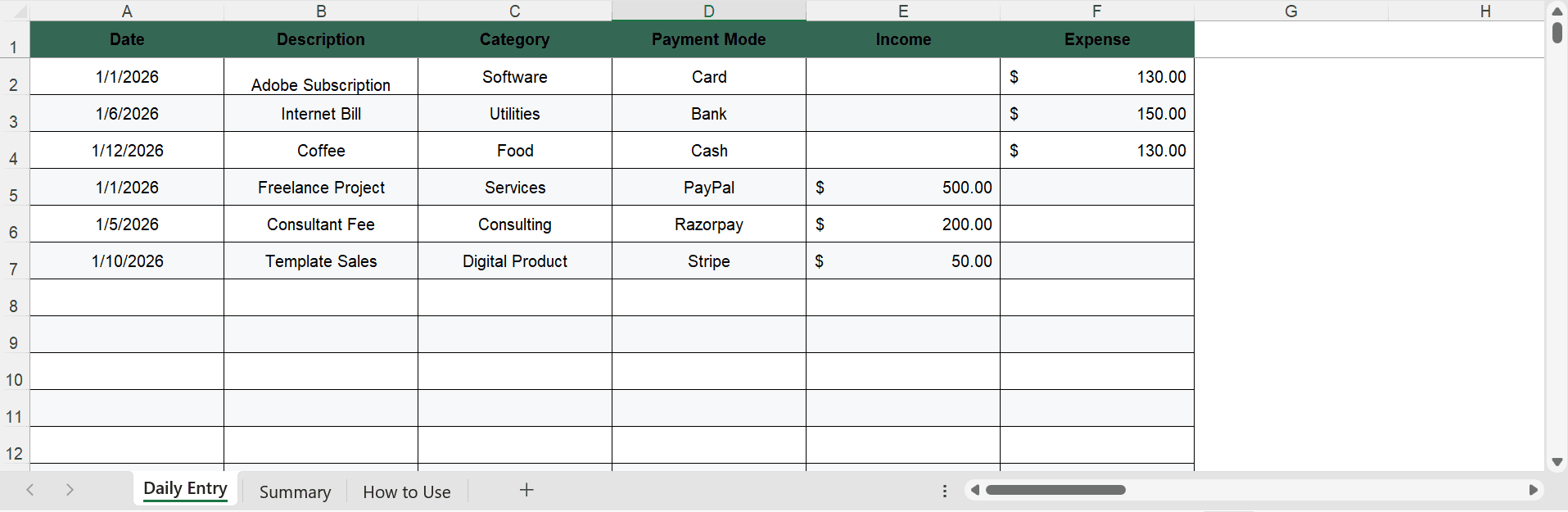 Excel Daily Entry Sheet with Category and Payment Mode Dropdowns